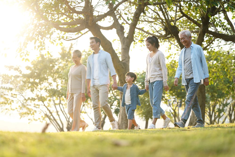 Three Generation Asian Family Walking in Park Three Generation Asian Family Walking in Park